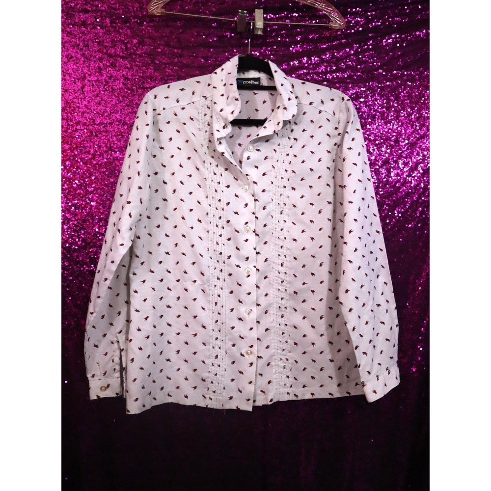 White Button Down Top L Panther Women Bird Print Pintuck Long Sleeve